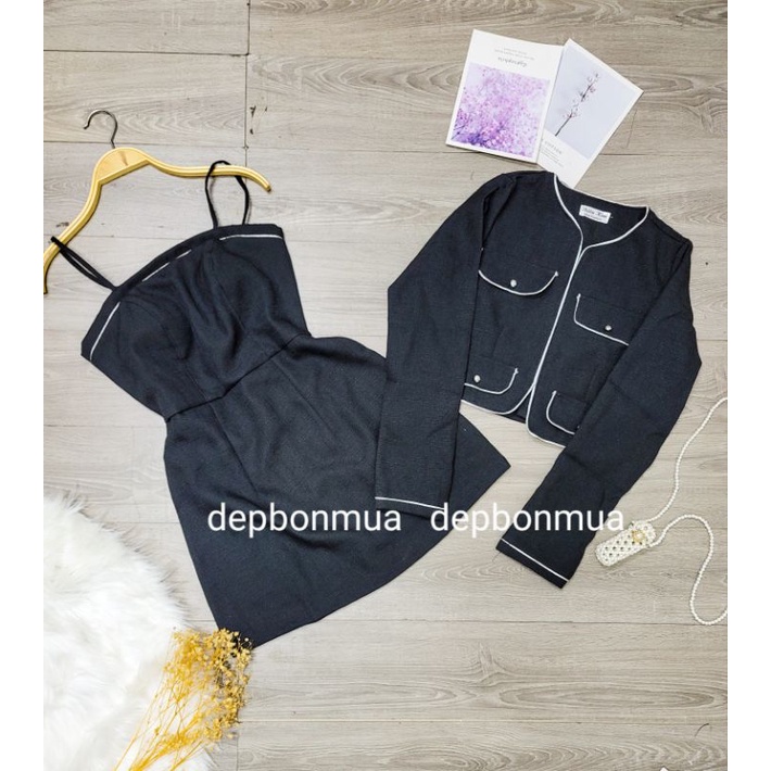 Set đầm 2 dây + khoác vest viền nhũ