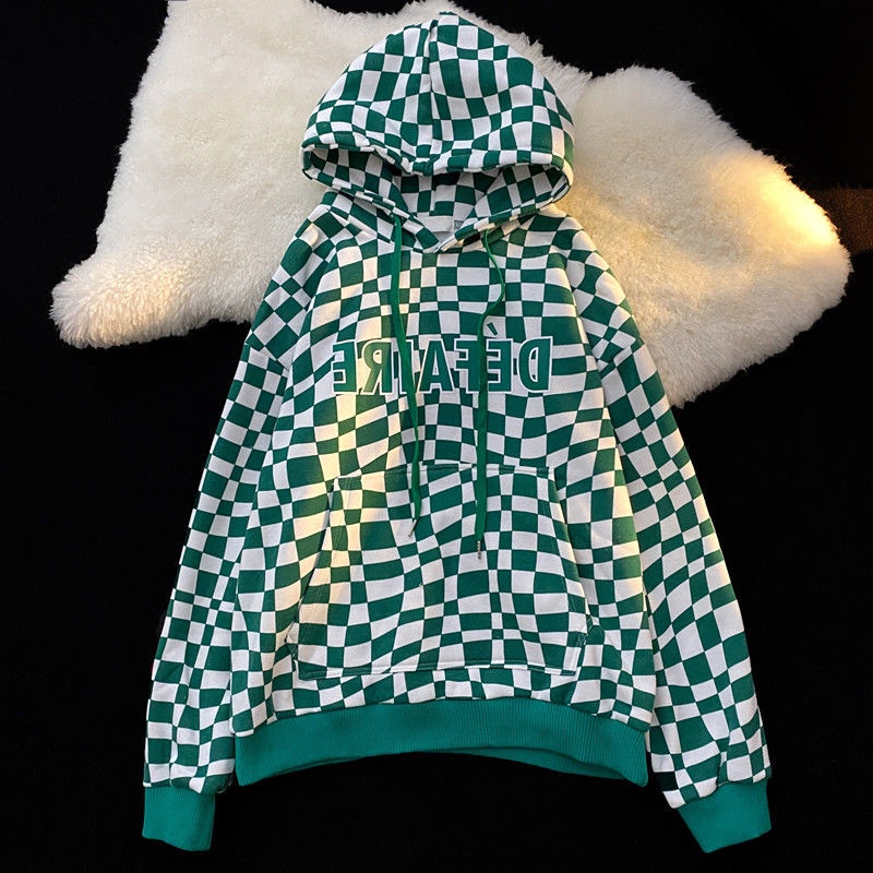 Áo khoác hoodie dáng rộng họa tiết sọc caro phong cách hip hop cá tính