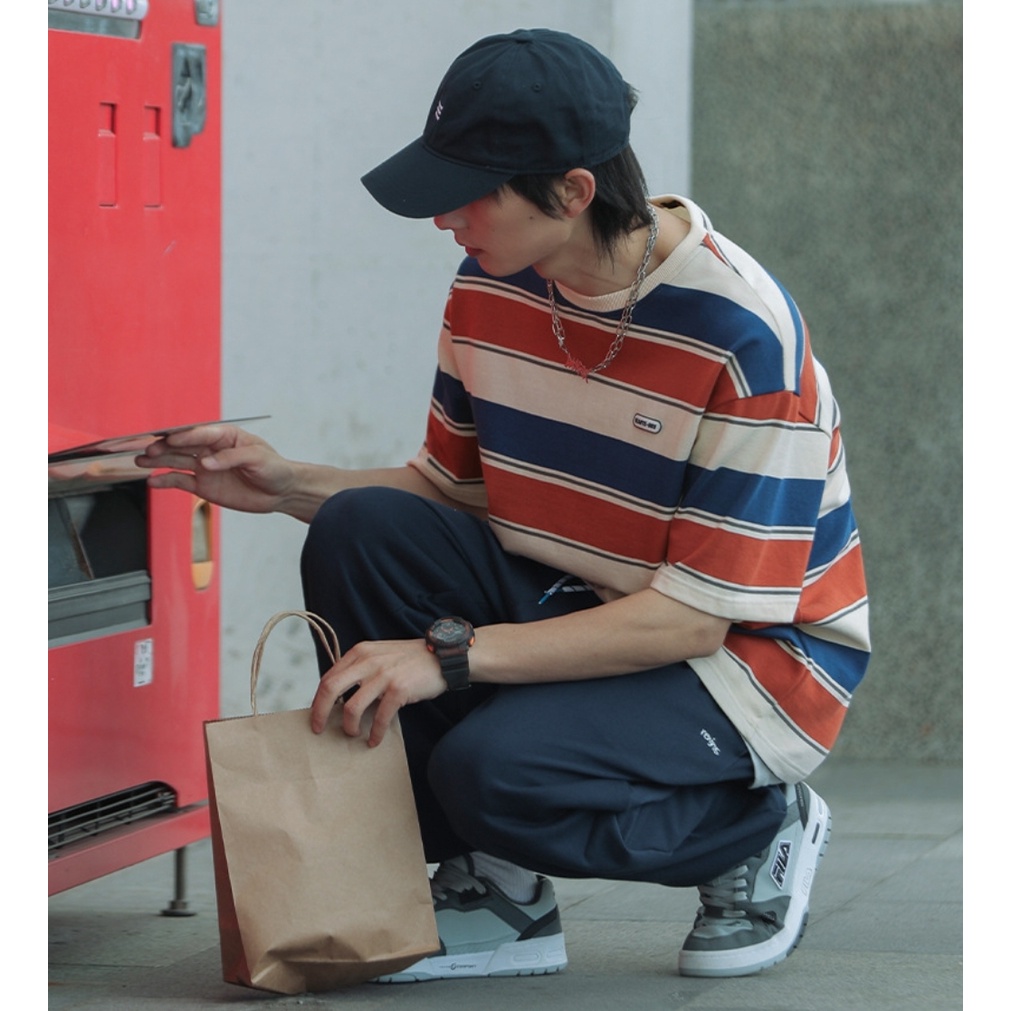 Áo thun kẻ tay lỡ 100% cotton logo cao su nam nữ  MEANSTORE phông in hình cotton vải mát form rộng phong cách Hàn Quốc