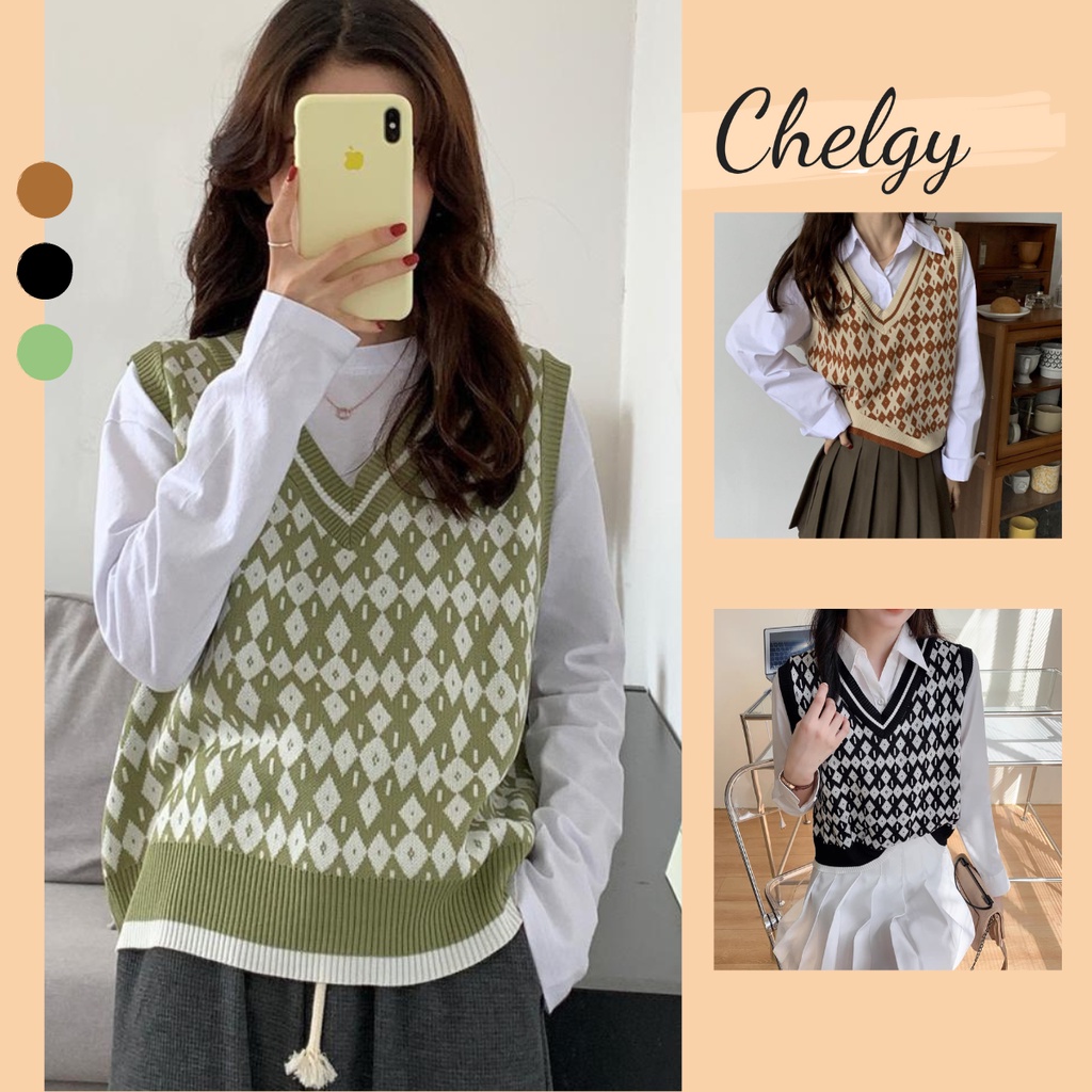 Áo gile nữ Chelgy vải len form rộng không tay hoạt tiết thổ cẩm hình thoi freesize Quảng Châu CG-GLHT104
