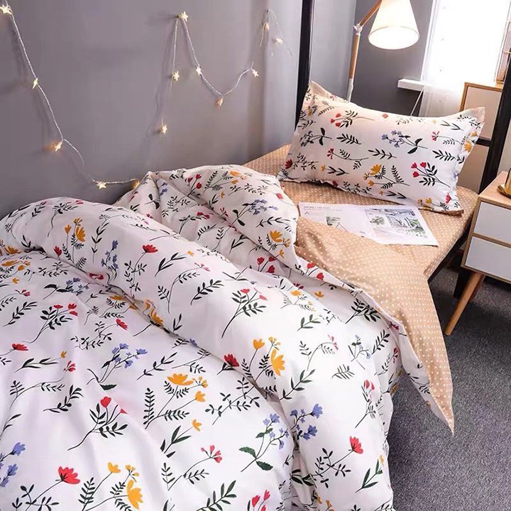Bộ chăn ga gối drap giường chất cotton poly họa tiết hoa nhiều màu
