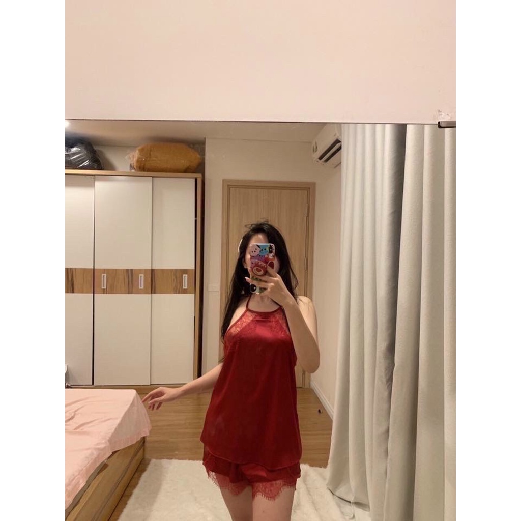 Đồ ngủ yếm phối ren, chất liệu lụa satin cao cấp, quần đùi ren gợi cảm, freesize dưới 65kg - SHOP HUYỀN TRANG
