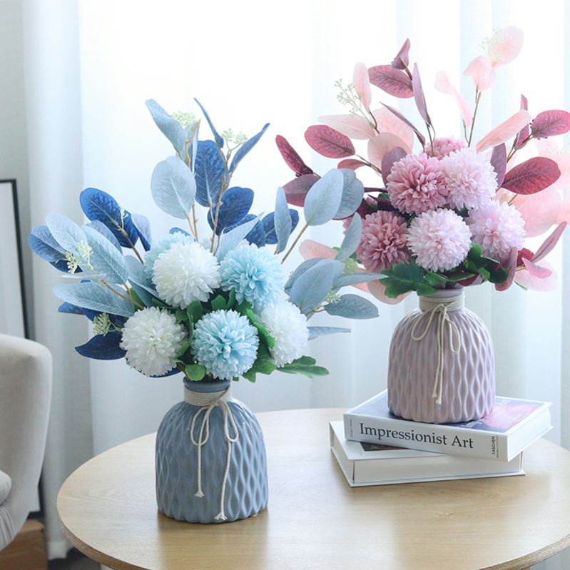 Hoa lụa, lọ hoa cúc pingpong để bàn trang trí kệ tủ phong cách mới