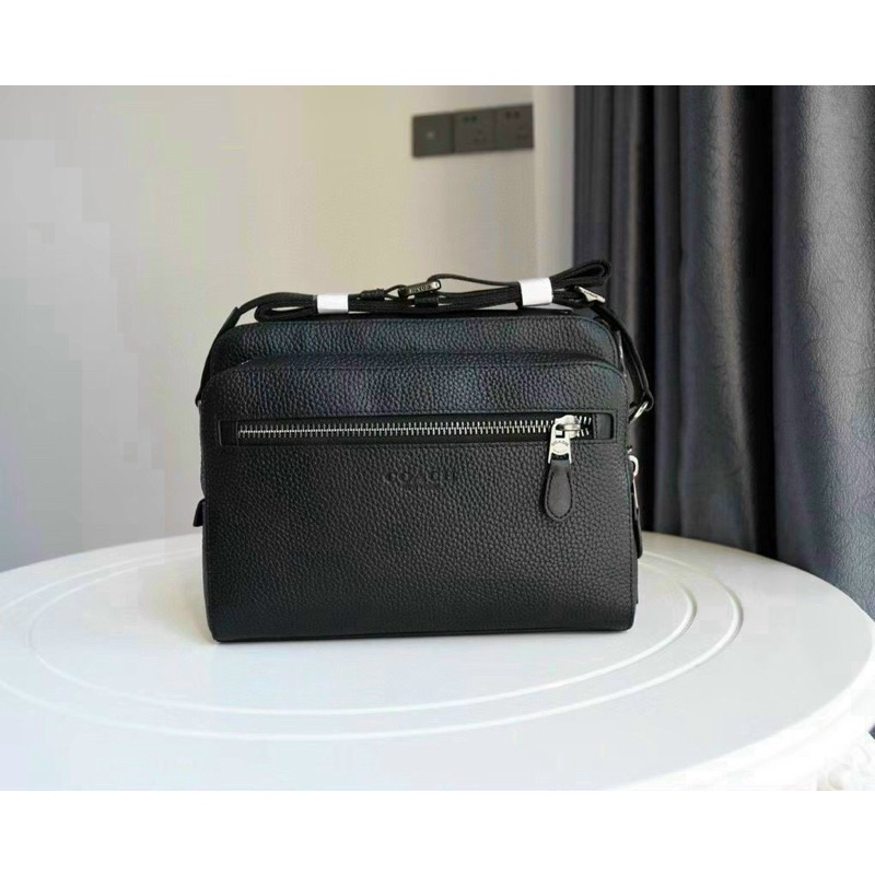 Cặp nam đeo chéo da thật, 2 ngăn rộng rãi màu đen trơn sang lắm