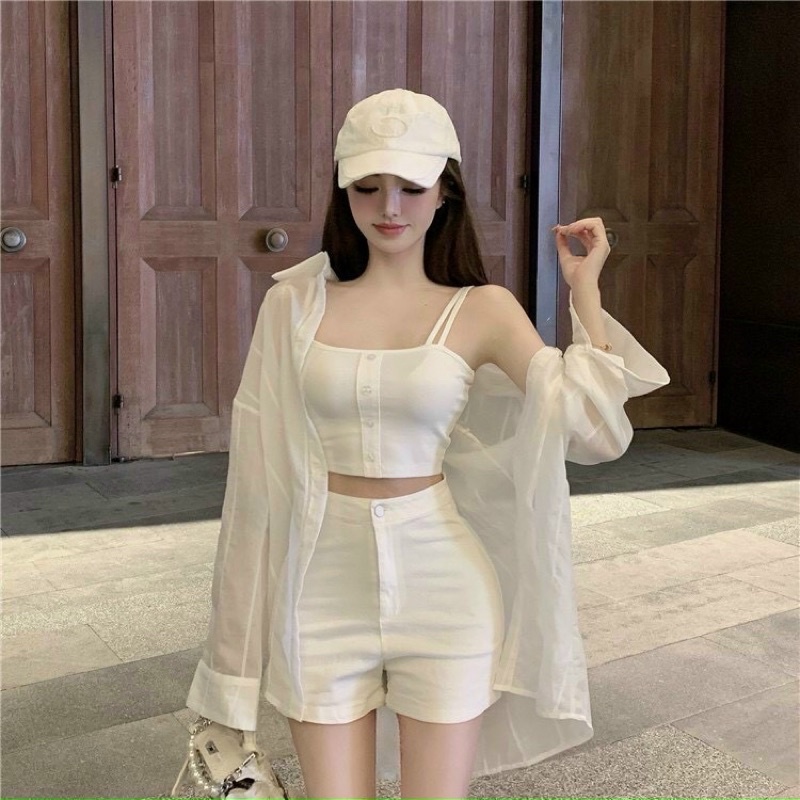 SET ÁO KHOÁC SƠMI + ÁO HAI DÂY CÓ MÚT + QUẦN KAKI ÔM