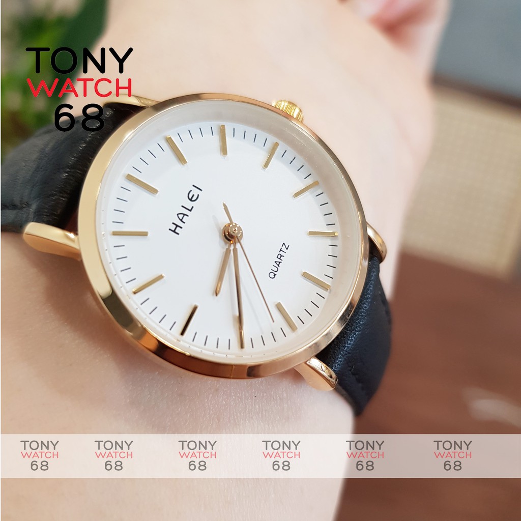 Đồng hồ cặp đôi nam nữ Halei dây da chống nước chính hãng viền mạ vàng Tony Watch 68 | BigBuy360 - bigbuy360.vn