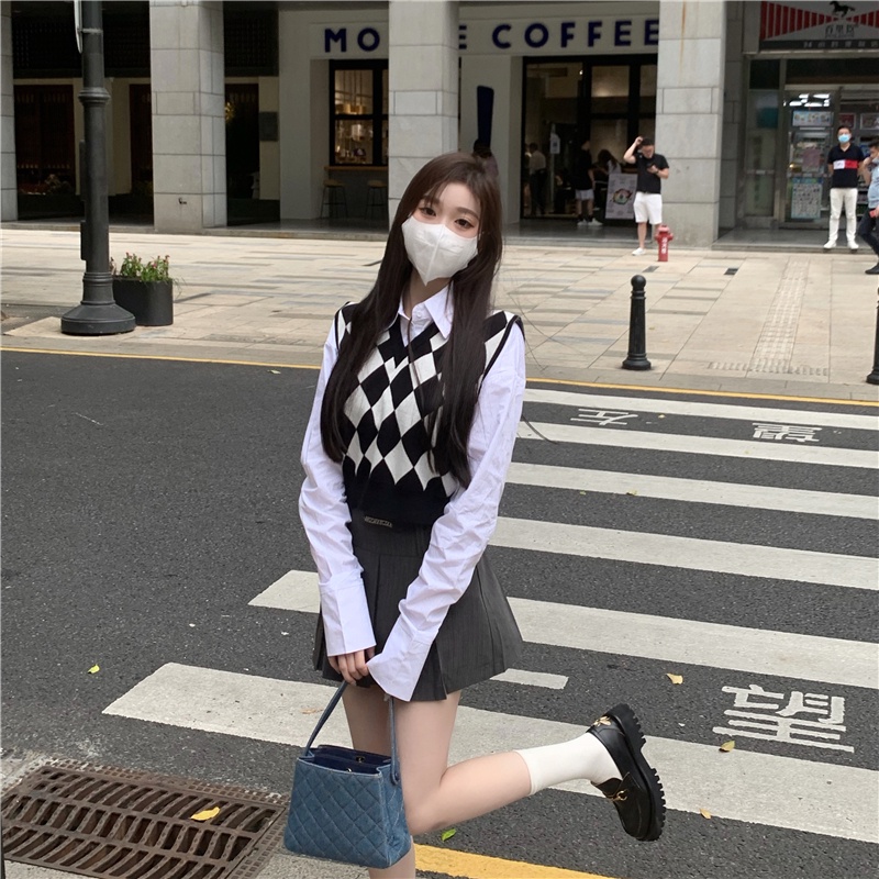 V-neck check vest female Korean version was thin short sleeveless versatile pullover vest | BigBuy360 - bigbuy360.vn