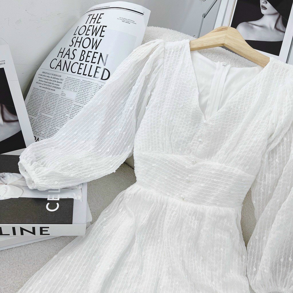 Váy thiết kế,váy dự tiệc dáng xòe cổ tim tay dài chất liệu ren thêu nhũ full 2 lớp tiểu thư dạo phố XM Minh Phúc