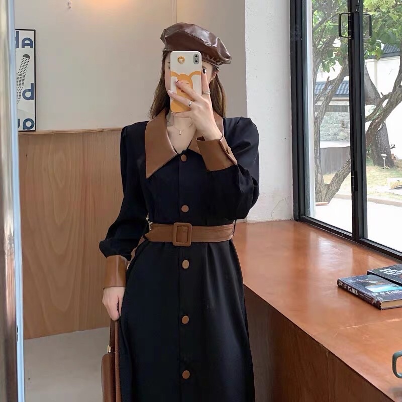 Đầm midi dáng sơ mi tay dài phối belt thắt eo cổ điển