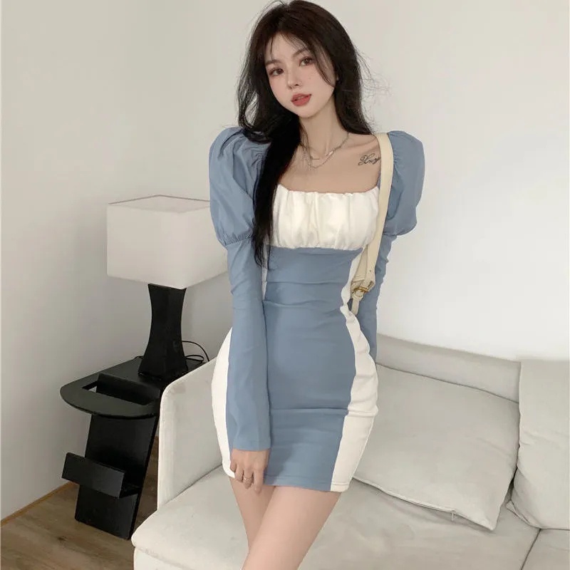 Đầm MURIOKI cổ vuông tay dài phồng ôm dáng phong cách Hàn Quốc thời trang dành cho nữ