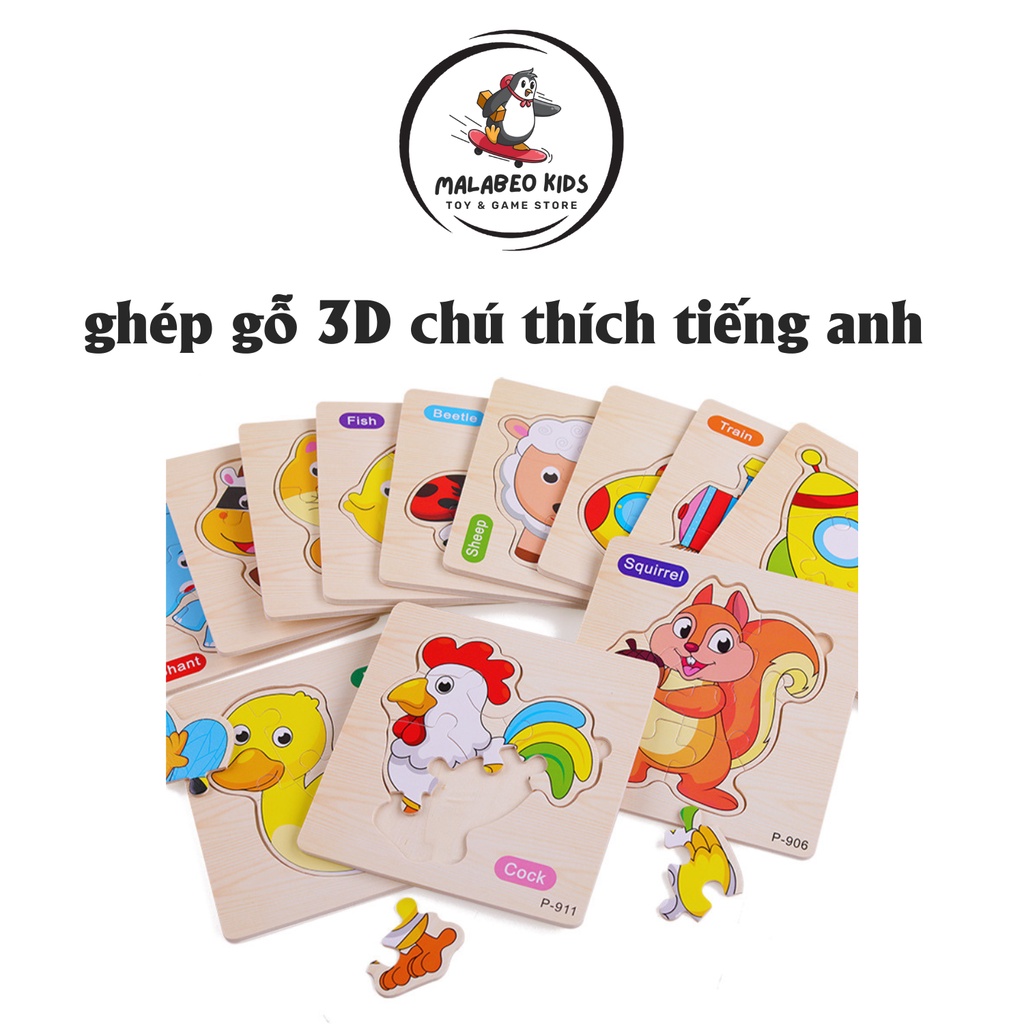 Đồ chơi ghép tranh gỗ học tiếng anh cho bé 3 - 7 tuổi, xếp hình gỗ 3d vừa học vừa chơi MALABEO KIDS