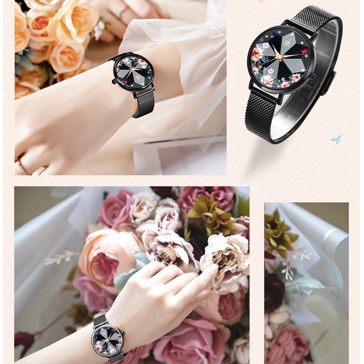 Đồng hồ Shengke K0157 mặt quay số cắt thời trang họa tiết sao lấp lánh màu đen lãng mạn cho nữ