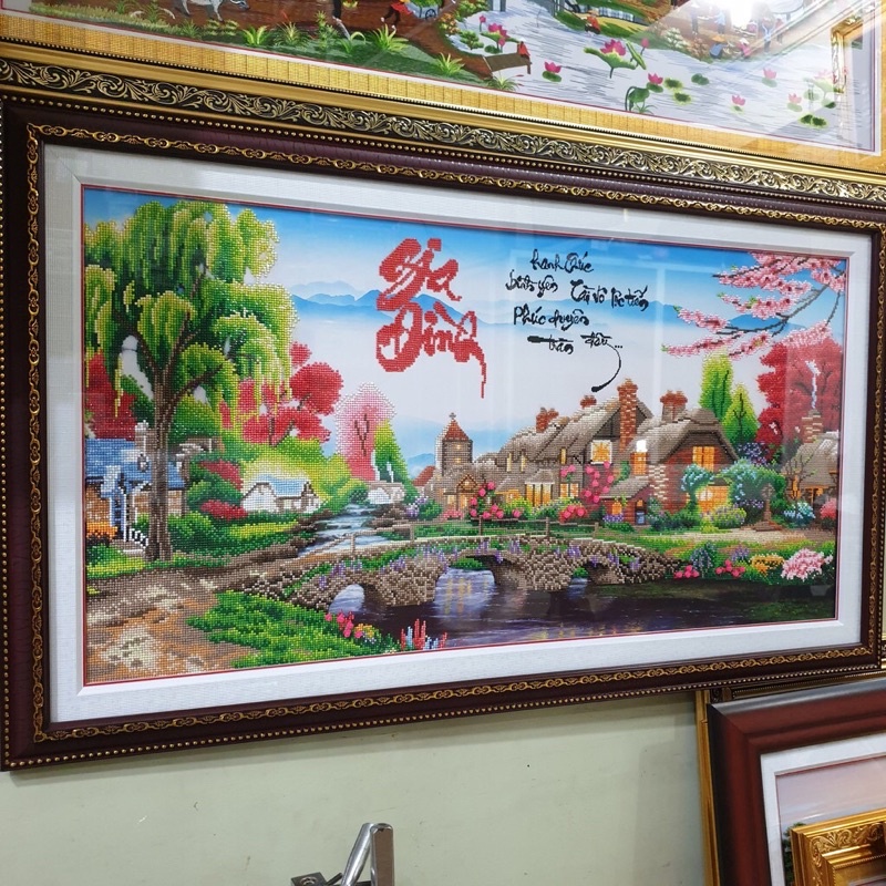 Tranh đính đá thư pháp phong cảnh gia đình,Tranh đính đá tự làm, tranh trang trí