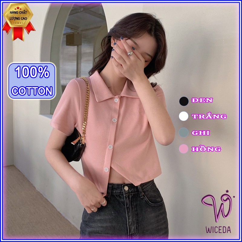 Áo croptop nữ polo tay ngắn vạt chéo có cổ,áo kiểu chất cotton mềm mịn cúc thật 4 màu đen trắng ghi hồng nhạt Wiceda AP4