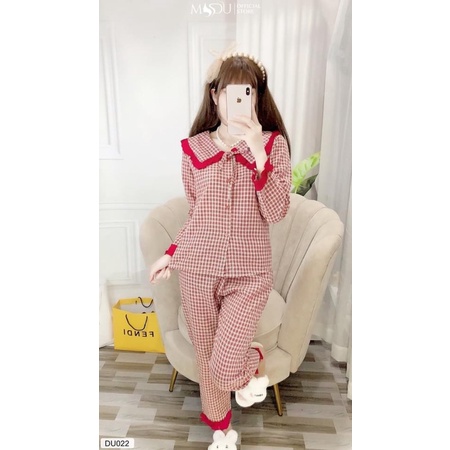 Bộ Mặc Nhà Dài Tay Bộ Ngủ Thu Đông Cổ Nơ Viền Bèo Xinh Xắn