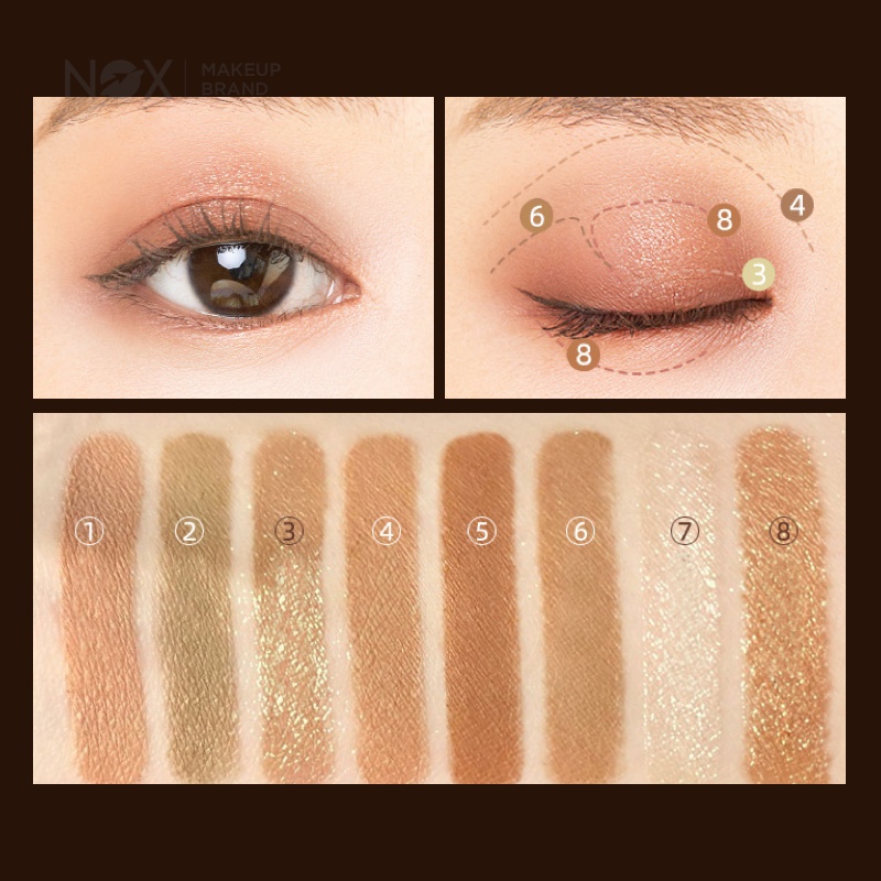 Bảng phấn mắt NOX 8 màu tông lì/ánh nhũ lâu trôi sắc tố cao dễ trang điểm không bị nhòe 9 g | BigBuy360 - bigbuy360.vn
