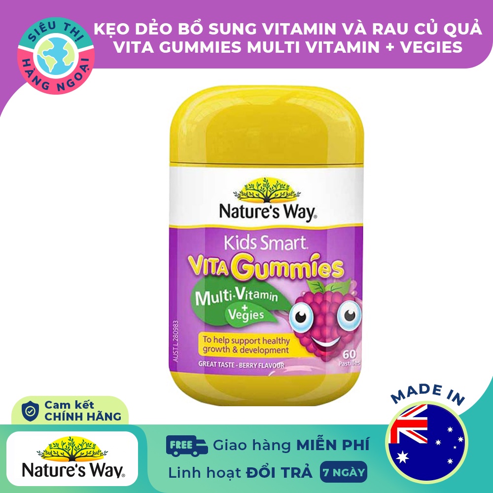 Kẹo dẻo Nature's Way Kids Smart Vita Gummies Úc (60v) nhiều vị bổ sung vitamin, khoáng chất cho trẻ từ 2 tuổi tuổi