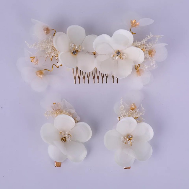 [Mã FAST10KT4 giảm 10K đơn bất kỳ] Bộ hoa cài tóc cô dâu 3 món màu trắng - phụ kiện cưới Giang