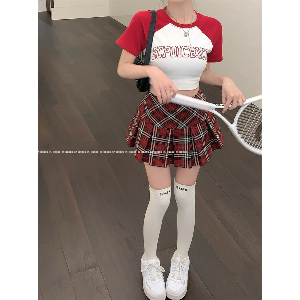 Cocory vn Set Áo Thun Hở Rốn / Chân Váy Xếp Ly Lưng Cao Thời Trang Mùa Hè Cho Nữ