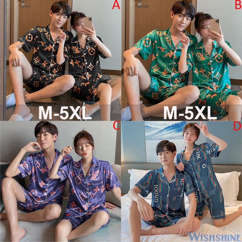 Bộ Đồ Ngủ Tay Ngắn Vải Lụa Satin Mềm Chất Lượng Cao Cỡ Lớn M-5XL Cho Nam Nữ