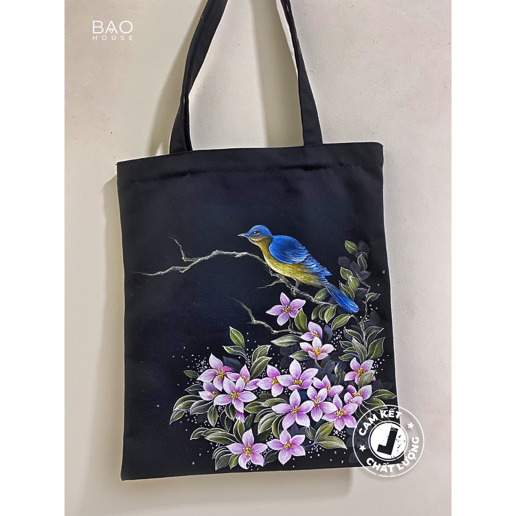 HUMMING BIRD - (Canvas chuẩn - loại A) ĐẲNG CẤP TÚI TOTE VẼ THỦ CÔNG 100%, HÌNH ẢNH HUMMING BIRD CÙNG HOA LÁ RỰC RỠ MANG
