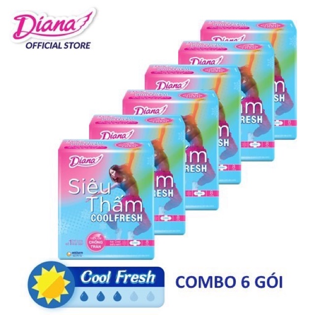 Combo 6 gói băng vệ sinh Diana siêu thấm Coolfresh (8 miếng)