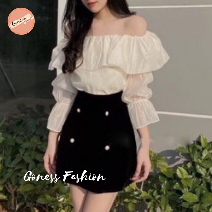 Áo sơ mi trễ vai Goness hai lớp tay dài phồng đẹp sang trọng thời trang Hàn Quốc A13
