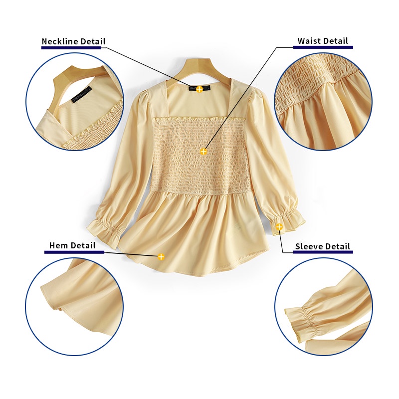 Áo kiểu ZANZEA tay dài cổ vuông eo co giãn xếp ly phong cách Hàn Quốc dành cho nữ