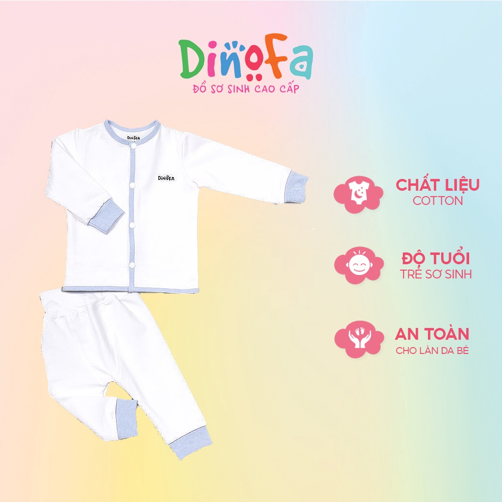 Set quần áo sơ sinh DINOFA cho trẻ 0-3M thiết kế cúc thẳng, màu trắng viền xanh nước biển_ B18 B23