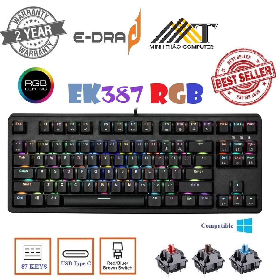 Bàn phím cơ E-Dra EK387 RGB Huano Switch Version 2021/ Tặng keycap cờ đỏ sao vàng/ BH 24 tháng