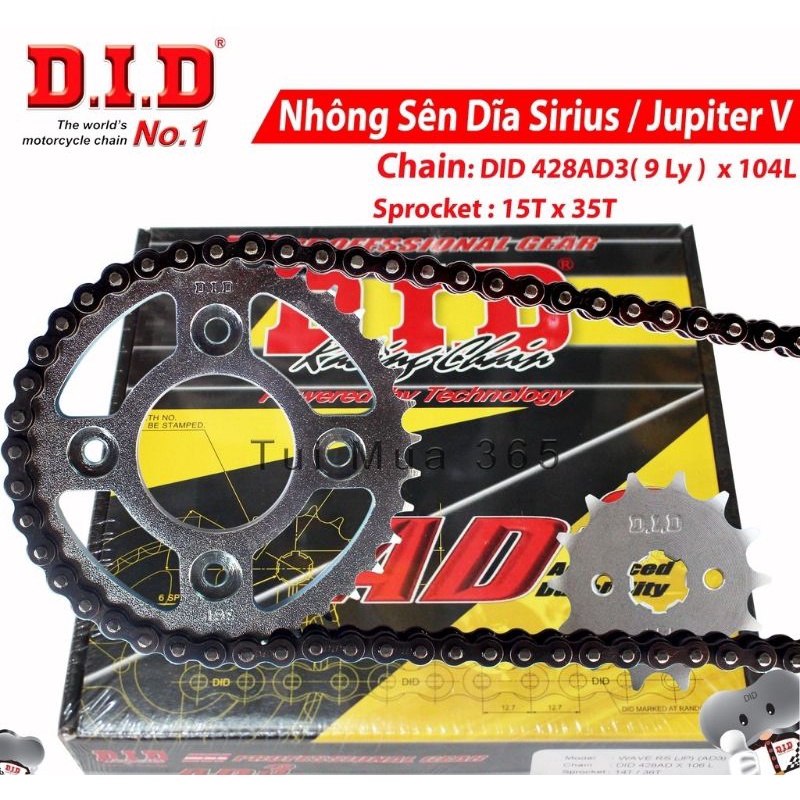 Nhông sên dĩa DID Yamaha Sirius Xăng Cơ, Jupiter V – Sên đen 9ly DID AD3 (Thái Lan)