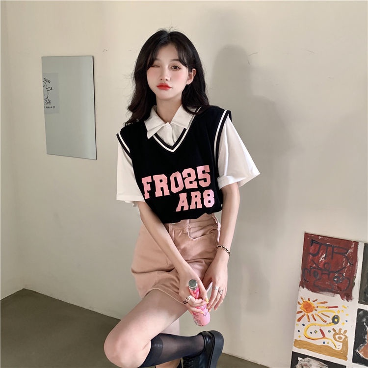 Áo COZOKC tay ngắn dáng rộng giả hai lớp thời trang