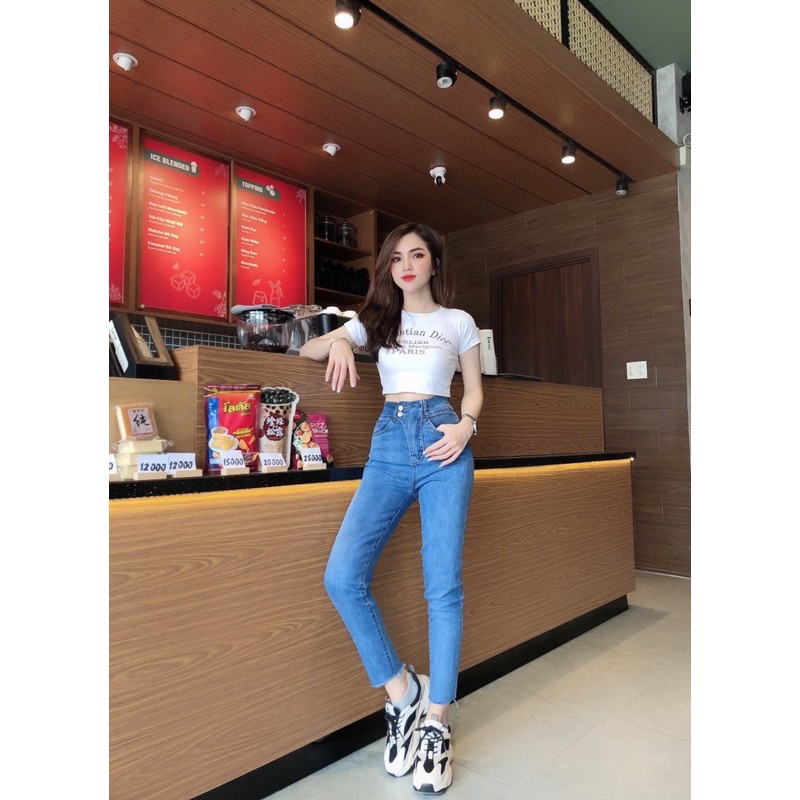 Quần jean dài giãn lưng siêu cao 5 nút mã D04, kèm hình thật