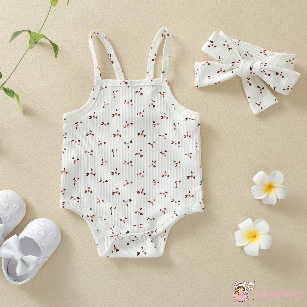 Áo Liền Quần Không Tay In Hoa Kèm Băng Đô Cho Bé Gái