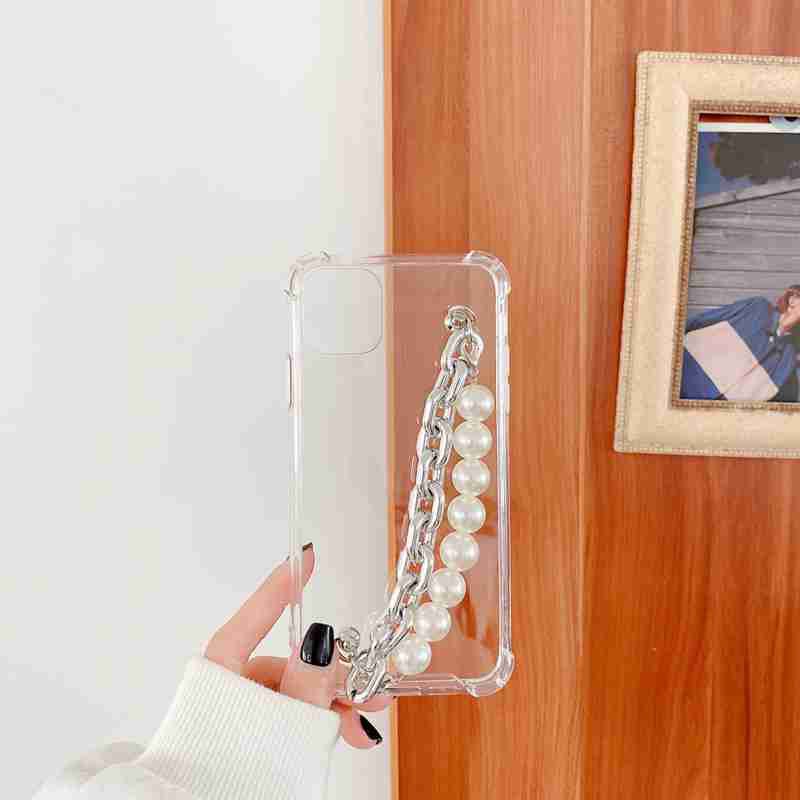 Wrist Chain Case iPhone 12 11 Pro Max 7 8 Plus X XS Max 6 6S PLUS Transparent Glitter Case Cute Silver Pearl Chain Hanging Soft Phone Case