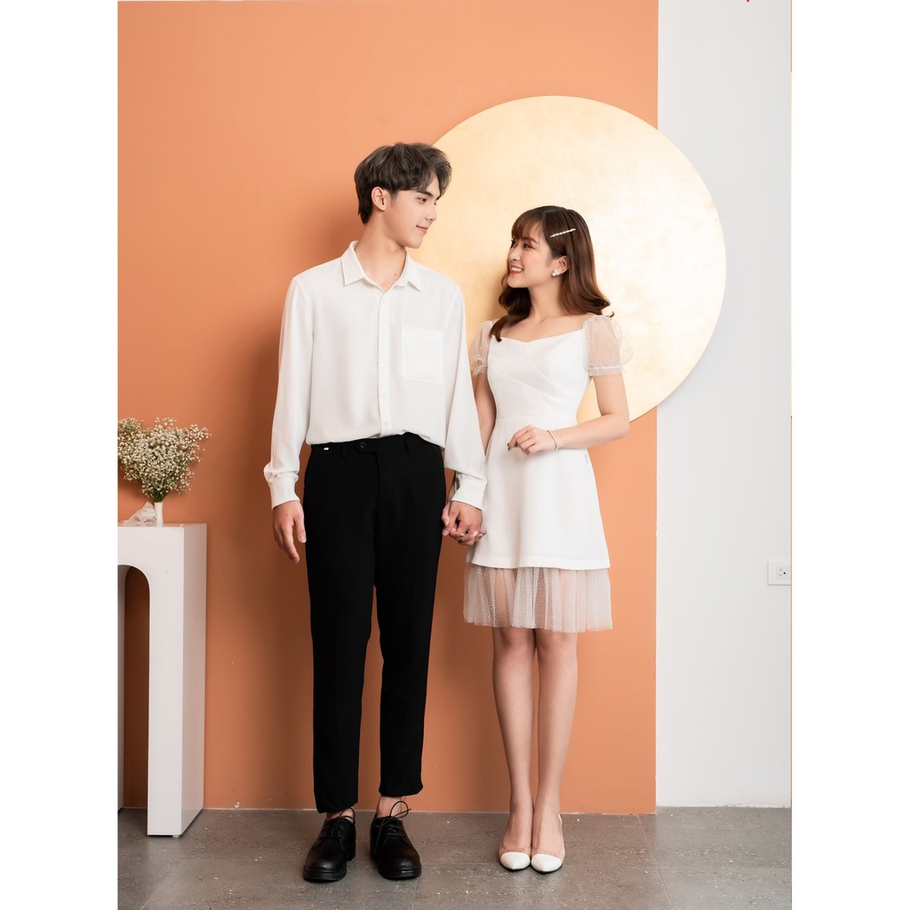 Áo đôi nam nữ [FREESHIP] Set đồ đôi váy phối tay voan áo sơ mi màu trắng đẹp Hàn Quốc Couple AV29