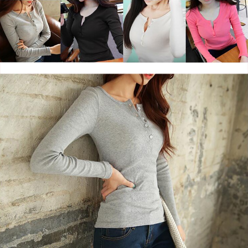 Áo Thun Tay Dài Phối Nút Màu Trơn Cho Nữ