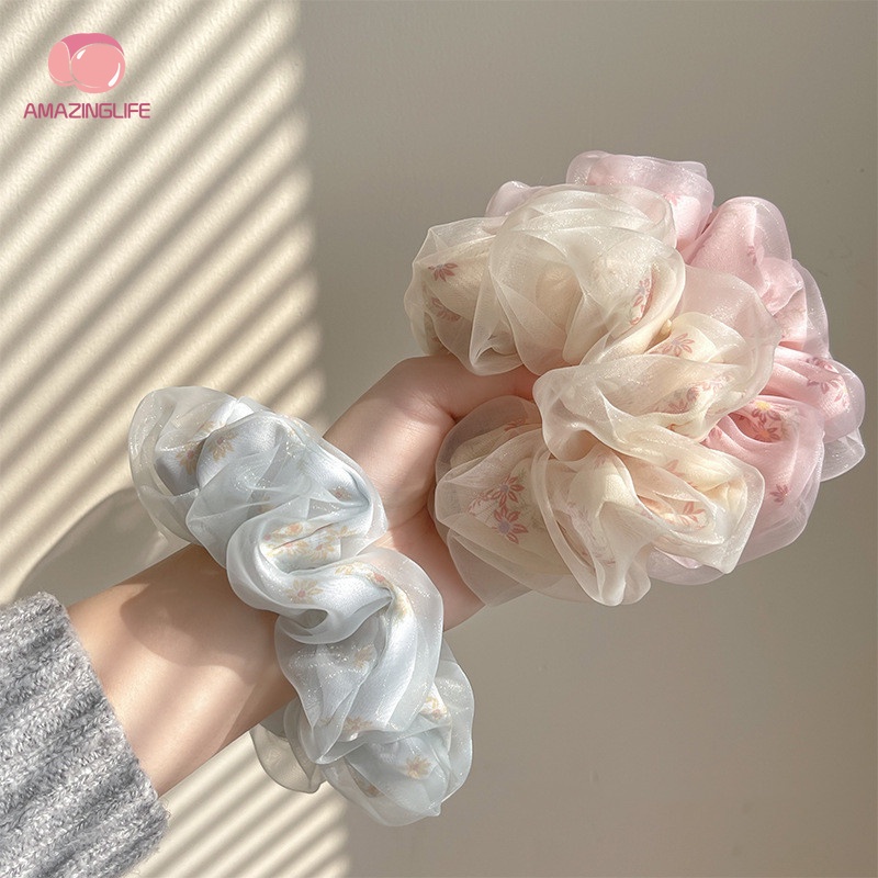 Dây Cột Tóc Scrunchies / Dây Buộc Tóc Cao Su Co Giãn Phối Lưới Cỡ Lớn Phong Cách Hàn Quốc Thời Trang Cho Nữ