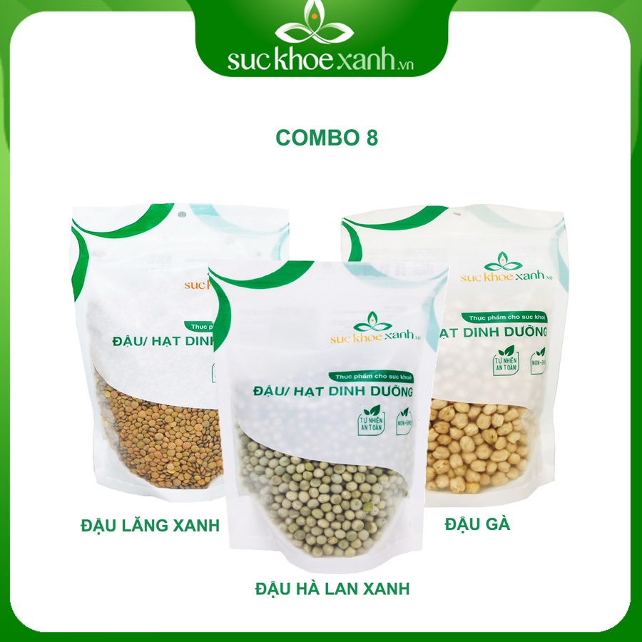 Combo 8 - Đậu gà &amp; Đậu lăng xanh &amp; Đậu hà lan xanh nguyên hạt (mỗi túi 500g)