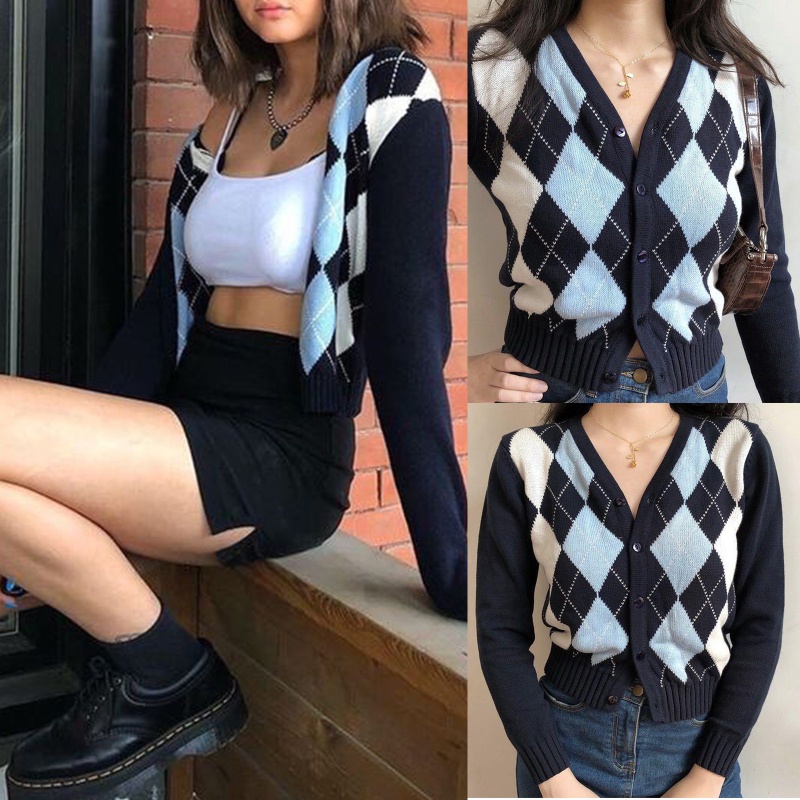 Áo Khoác Cardigan Dệt Kim Tay Dài Kẻ Sọc Ca Rô Cài Nút Kiểu Vintage Dễ Thương Cho Nữ