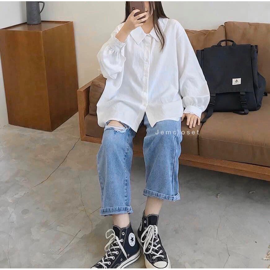 [ XẢ ]Áo sơ mi nữ tay bồng trắng đũi cổ tròn dáng rộng unisex/ Áo sơ mi học sinh oversize thời trang hàn quốc_ranstore