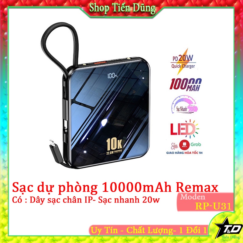 Pin sạc dự phòng 10000mah Remax RPP 285 sạc nhanh 20w và tích hợp 2 dây sạc, có 2 đèn pin led