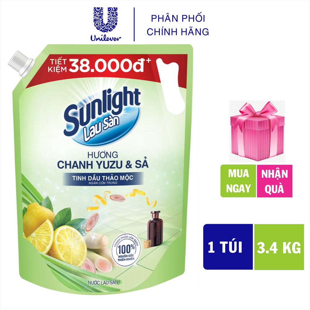 Nước Lau Sàn Sunlight túi 3.4kg Tinh Dầu Thảo Mộc Hương Chanh Sả