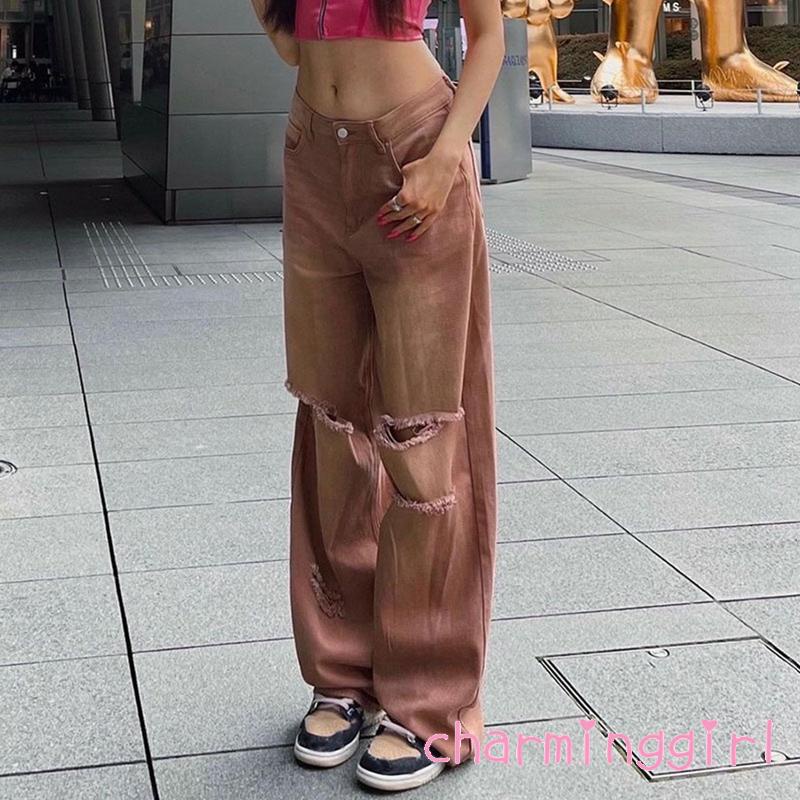 Quần Jeans Dài Lưng Cao Phối Túi Thiết Kế Xẻ Rách Cá Tính