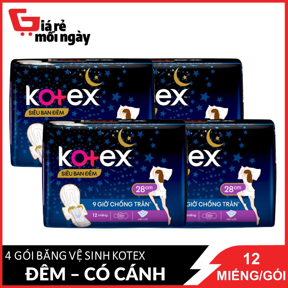 Combo 4 Băng Vệ Sinh Có Cánh 28cm Kotex Siêu Ban Đêm 9 Giờ Chống Tràn 12 miếng