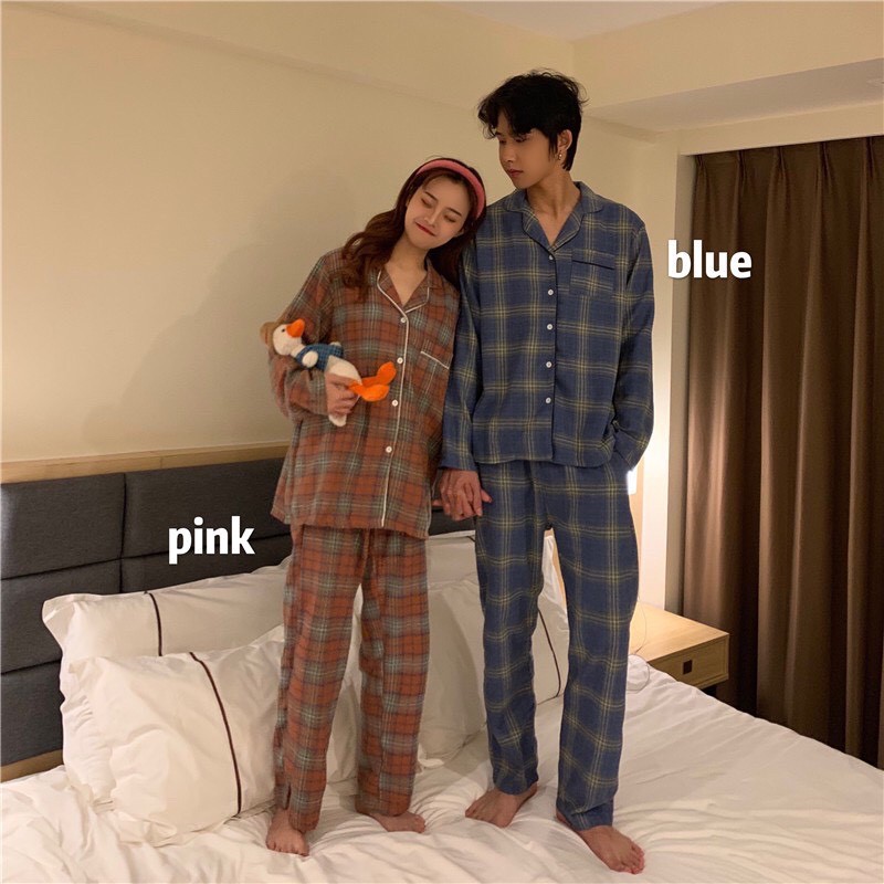 Bộ đồ đôi Pijiama nam nữ họa tiết caro dài tay cho mùa thu đông (hàng có sẵn)
