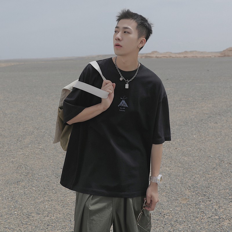 Áo thun nam tay lỡ cổ tròn form rộng streetwear phông unisex basic tee cotton teen oversize đen trắng giá rẻ NÚI LỬA
