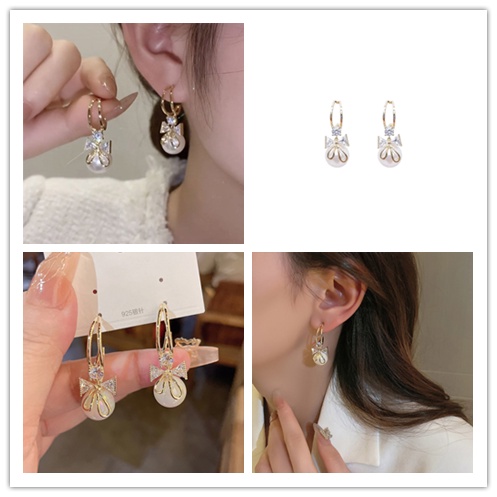 Bông Tai Hình Nơ Đính Ngọc Trai Thời Trang Hàn Quốc Cho Nữ