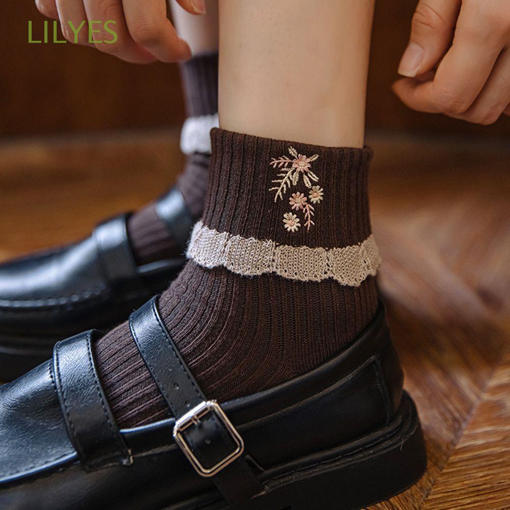 Lilyes Vớ Ống Lửng Phối Ren Màu Trơn Thiết Kế Thời Trang Ngọt Ngào Phong Cách Lolita Dành Cho Nữ