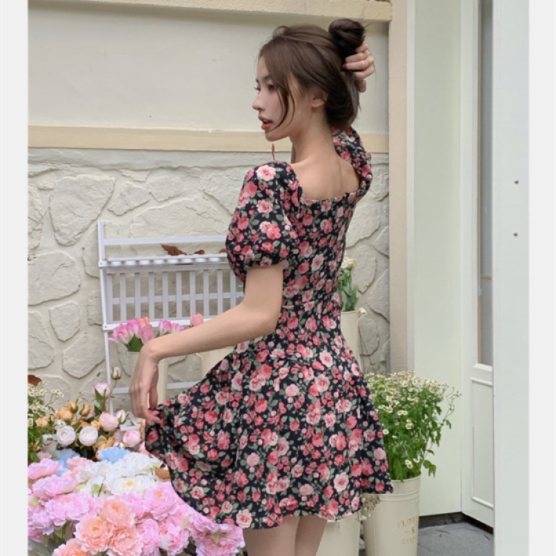 Đầm Hoa Cổ Vuông Ngắn Tay Thời Trang Mùa Hè Dành Cho Nữ